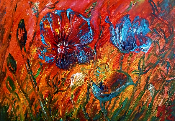 Marzena Salwowska - Field of red, blue and white poppies/Grass and flower/12