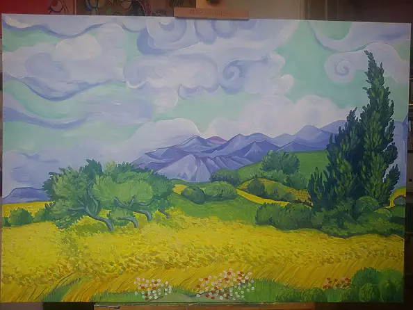 Aleksandra Gaweł Krajska - Pole przenicy z cyprysami na podstwie Van Gogha