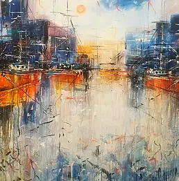Dariusz Grajek, Orange boats..., Oil painting - canvas, 118 x 80
