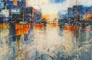 Dariusz Grajek, Orange boats..., Oil painting - canvas, 118 x 80