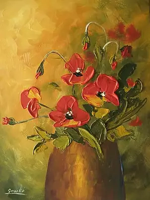   - Poppies in glass vase