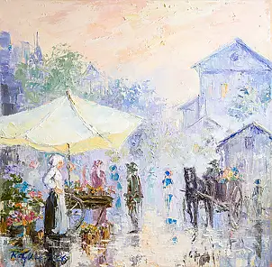Ryszard Tyszkiewicz, Poranek na targu, Obraz olejny - płótno, 50 x 50
