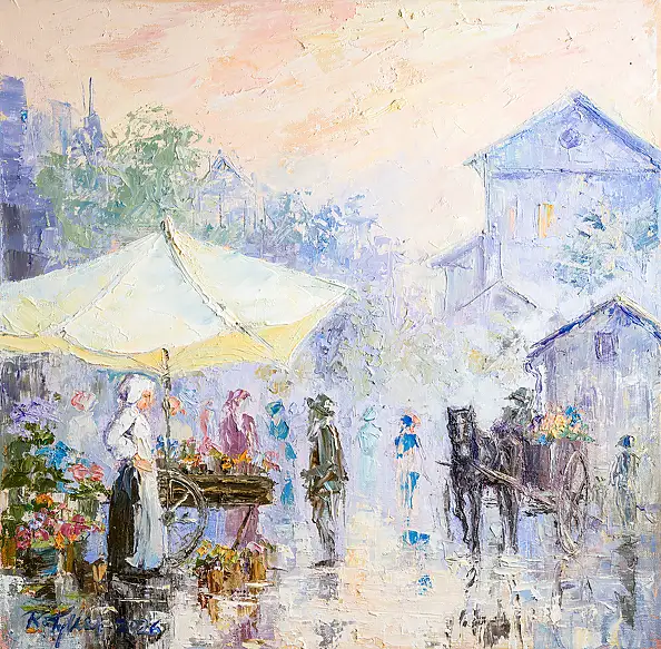 Ryszard Tyszkiewicz, Poranek na targu, Obraz olejny - płótno, 50 x 50