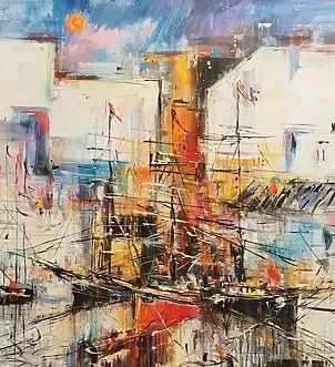 Dariusz Grajek, Port w słońcu..., Obraz akrylowy, Obraz olejny - płótno, 79 x 80