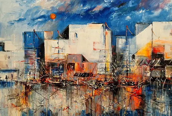 Dariusz Grajek, Port w słońcu...., Obraz akrylowy, Obraz olejny - płótno, 120 x 80