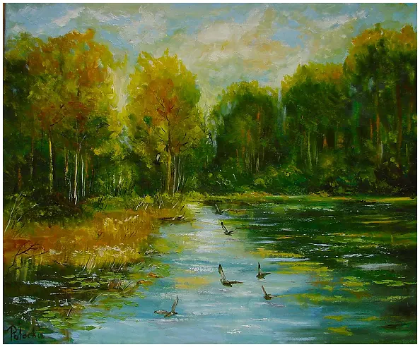 Grażyna Potocka - Late afternoon by the water oil painting 49cm-59cm