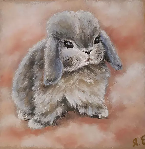 Yana Yeremenko - "RABBIT IN PINK CLOUDS" pastel drawing