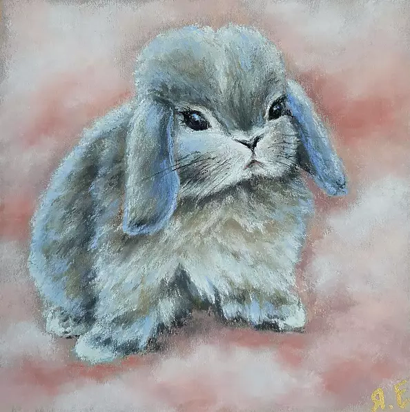 Yana Yeremenko - "RABBIT IN PINK CLOUDS" pastel drawing
