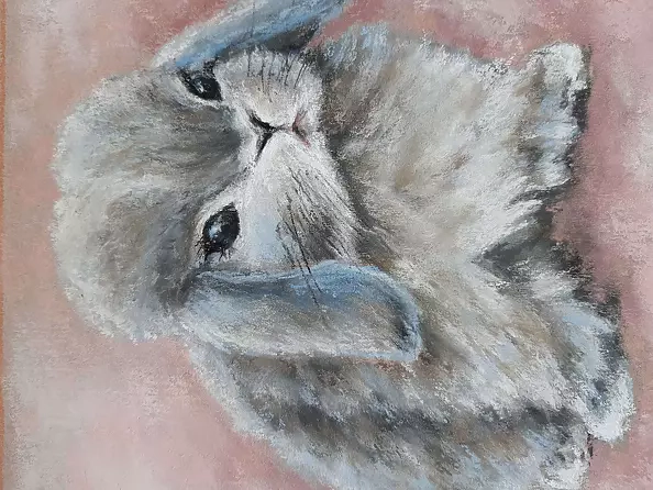 Yana Yeremenko - "RABBIT IN PINK CLOUDS" pastel drawing
