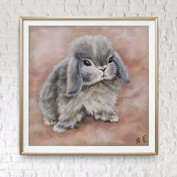 Yana Yeremenko - "RABBIT IN PINK CLOUDS" pastel drawing