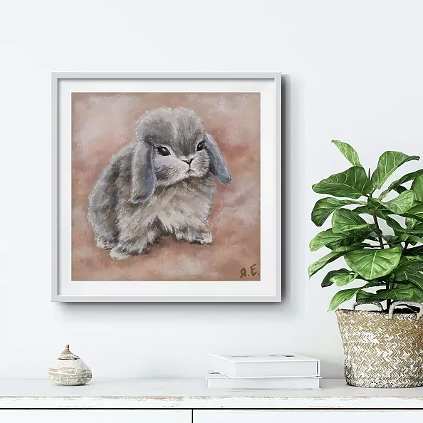 Yana Yeremenko - "RABBIT IN PINK CLOUDS" pastel drawing