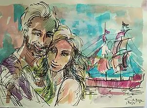 Anna Borcz, CROCIERA IN BARCA A VELA, Acquerelli, Inchiostro - carta, 30 x 40