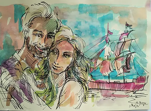 Anna Borcz, CROCIERA IN BARCA A VELA, Acquerelli, Inchiostro - carta, 30 x 40