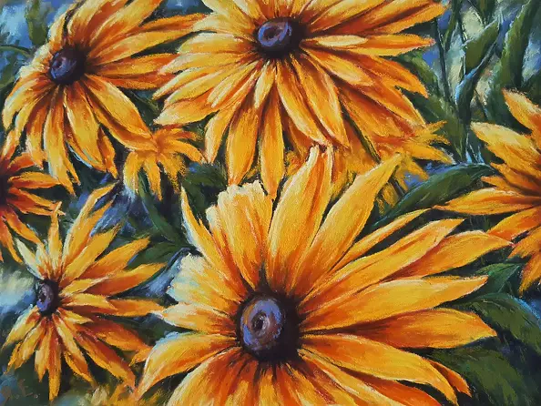 Yana Yeremenko - "RUDBECKIA-2" yellow flowers. pastel drawing