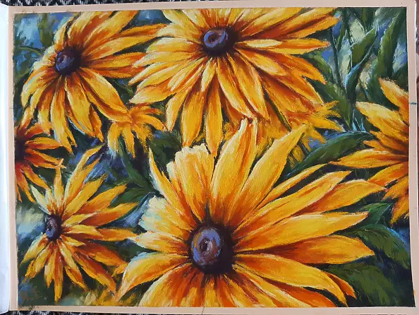 Yana Yeremenko - "RUDBECKIA-2" yellow flowers. pastel drawing