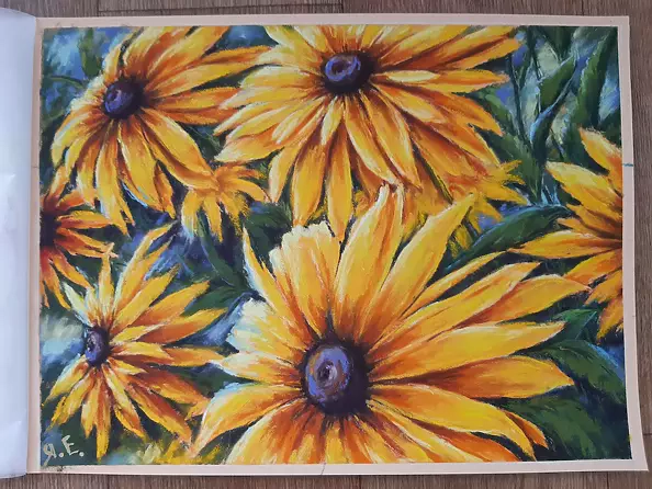 Yana Yeremenko - "RUDBECKIA-2" yellow flowers. pastel drawing