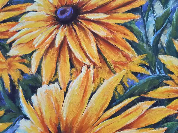 Yana Yeremenko - "RUDBECKIA-2" yellow flowers. pastel drawing