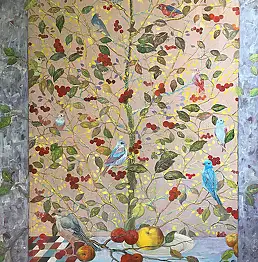 Jerzy Plucha, Райские сады — птичьи рассказы, Темпера - холст, 81 x 110
