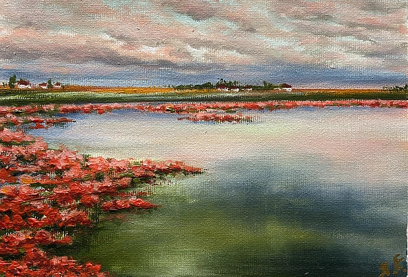 Yana Yeremenko - "Red Estuary" landscape with water and lotuses