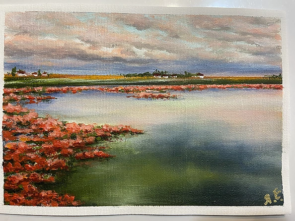 Yana Yeremenko - "Red Estuary" landscape with water and lotuses