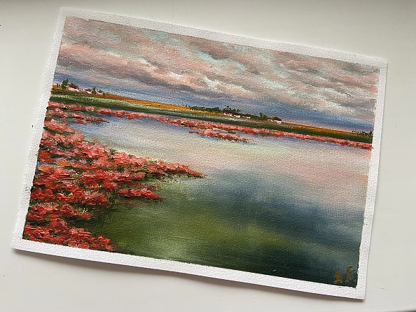 Yana Yeremenko - "Red Estuary" landscape with water and lotuses