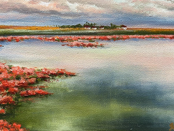 Yana Yeremenko - "Red Estuary" landscape with water and lotuses
