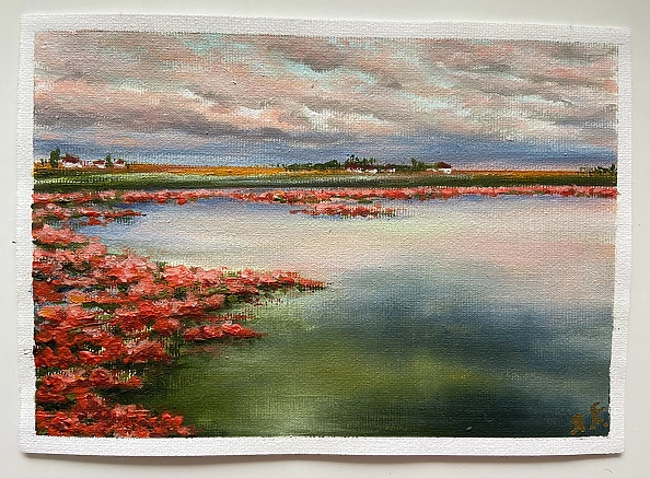 Yana Yeremenko - "Red Estuary" landscape with water and lotuses