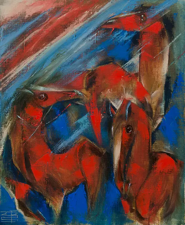 Simakov Vladimir -  Red horses on the blue grass