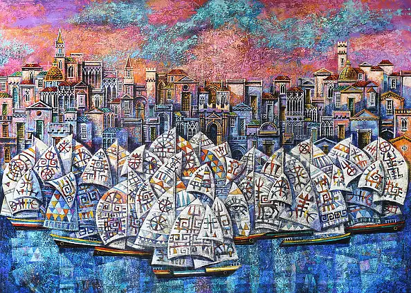 Maciej Urbaniak, Regatta in Rimini, Oil painting - canvas, 140 x 100