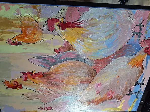 Magda Malinowska, Die Republik des Hinterhofs, Acrylgemälde - Leinwand, 150 x 70