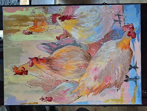 Magda Malinowska, Die Republik des Hinterhofs, Acrylgemälde - Leinwand, 150 x 70