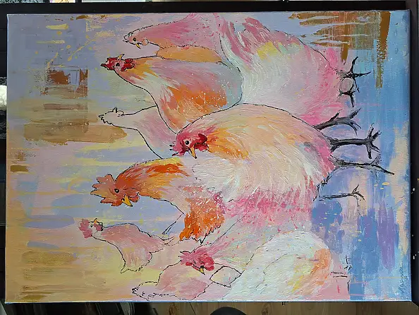 Magda Malinowska, Die Republik des Hinterhofs, Acrylgemälde - Leinwand, 150 x 70