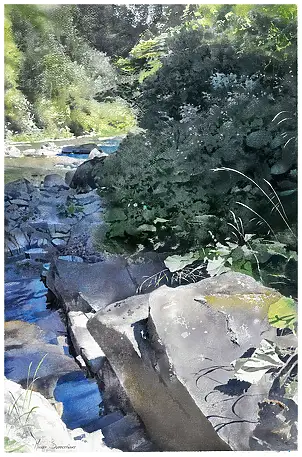Michał Suffczyński, Rock on the stream 2, Akwarele - papier, 34 x 52