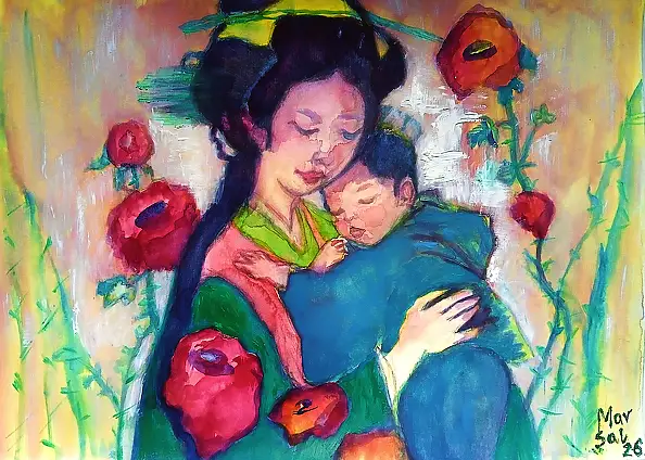 Marzena Salwowska, Różana Wiosna w Akita/2/Madonny, Akwarele, Laserunek, Obraz olejny - papier, 42 x 30