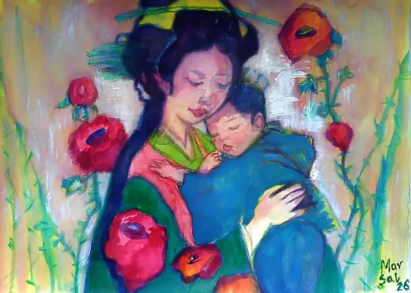 Marzena Salwowska, Różana Wiosna w Akita/2/Madonny, Akwarele, Laserunek, Obraz olejny - papier, 42 x 30