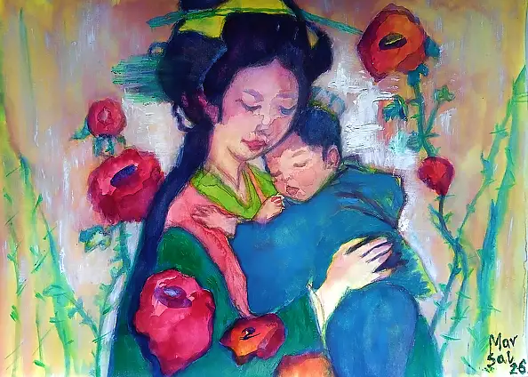 Marzena Salwowska, Różana Wiosna w Akita/2/Madonny, Akwarele, Laserunek, Obraz olejny - papier, 42 x 30