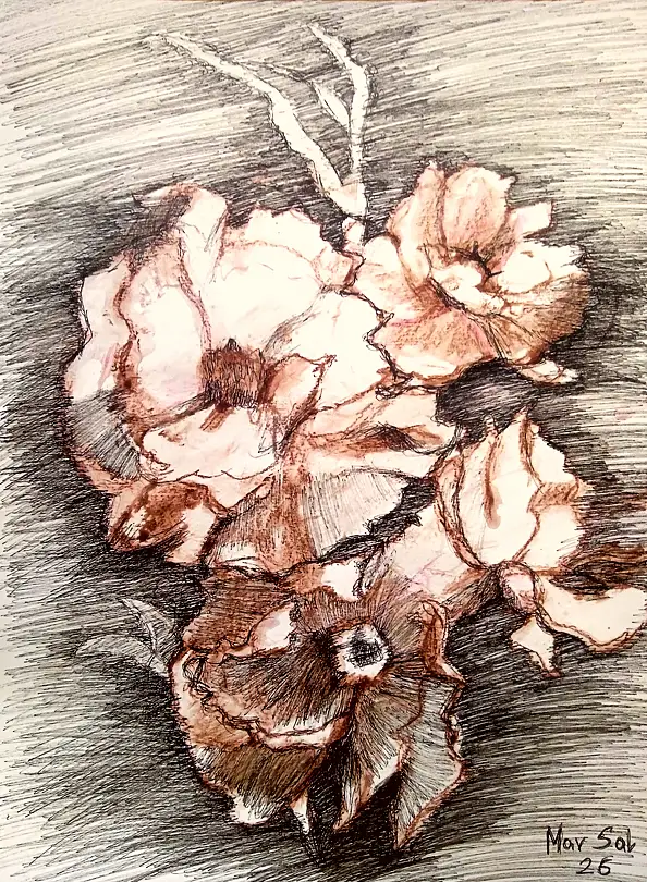 Marzena Salwowska, Róże... bo sam Szekspir nie wymyśliłby lepszego tytułu/Trawa i kwiat, Inne, Tusz - papier, 30 x 40