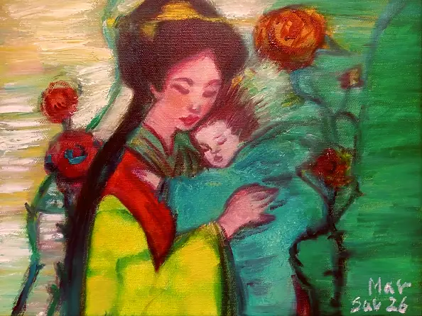 Marzena Salwowska, Die diesjährigen Rosen in Akita/Madonna, Lasur, Acrylgemälde, Ölbild - Leinwand, 40 x 30