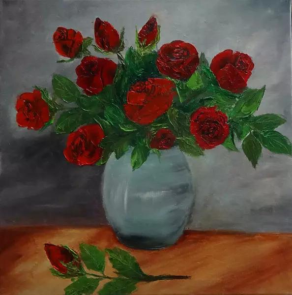 Maria Sularz - Róże w niebieskim wazonie