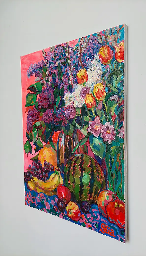 Anastasiia Kurkova, Różowe Lato: Bzy, Tulipany i Arbuz, Obraz olejny - płótno, 60 x 80