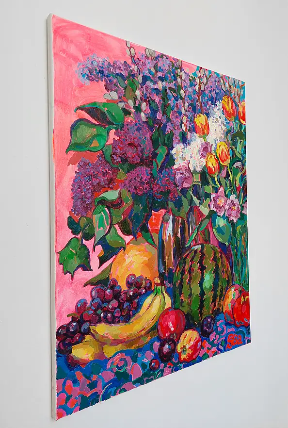 Anastasiia Kurkova, Różowe Lato: Bzy, Tulipany i Arbuz, Obraz olejny - płótno, 60 x 80