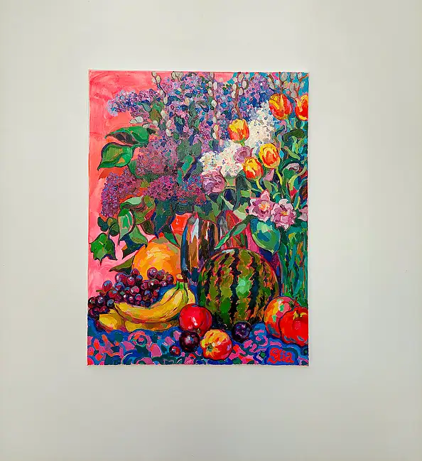 Anastasiia Kurkova, Różowe Lato: Bzy, Tulipany i Arbuz, Obraz olejny - płótno, 60 x 80
