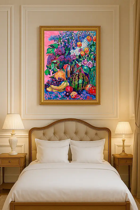 Anastasiia Kurkova, Różowe Lato: Bzy, Tulipany i Arbuz, Obraz olejny - płótno, 60 x 80