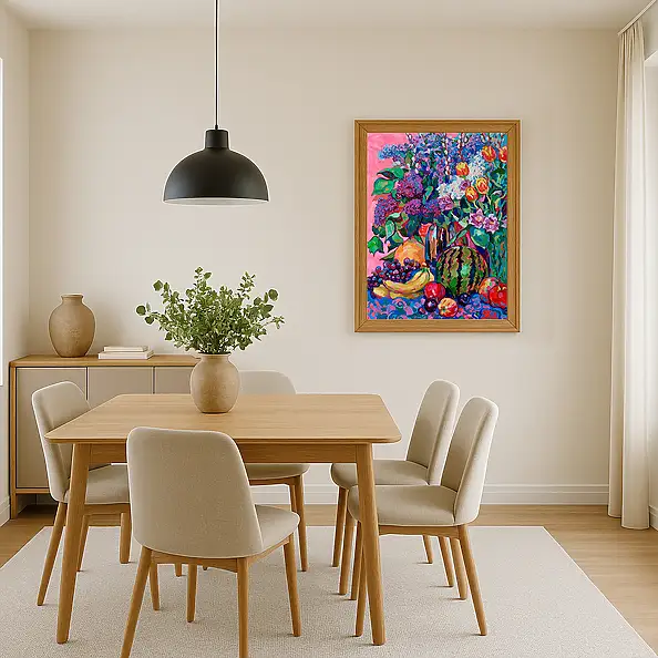 Anastasiia Kurkova, Różowe Lato: Bzy, Tulipany i Arbuz, Obraz olejny - płótno, 60 x 80