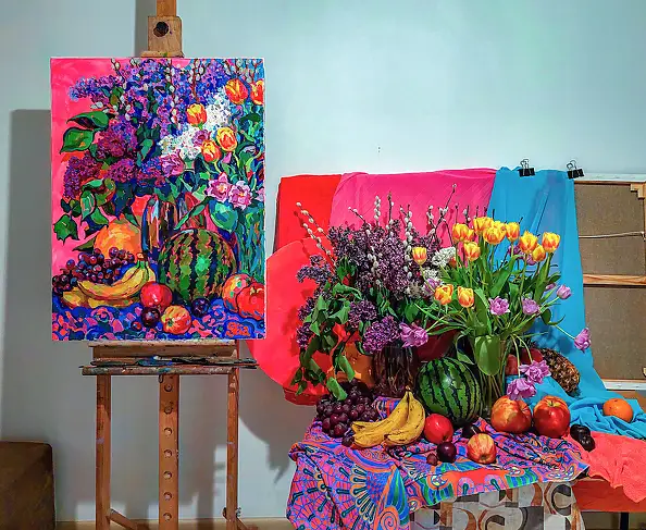 Anastasiia Kurkova, Różowe Lato: Bzy, Tulipany i Arbuz, Obraz olejny - płótno, 60 x 80