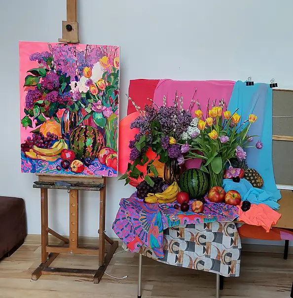 Anastasiia Kurkova, Różowe Lato: Bzy, Tulipany i Arbuz, Obraz olejny - płótno, 60 x 80