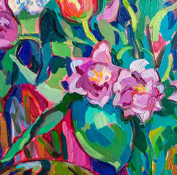 Anastasiia Kurkova, Różowe Lato: Bzy, Tulipany i Arbuz, Obraz olejny - płótno, 60 x 80