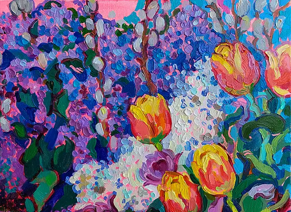 Anastasiia Kurkova, Różowe Lato: Bzy, Tulipany i Arbuz, Obraz olejny - płótno, 60 x 80