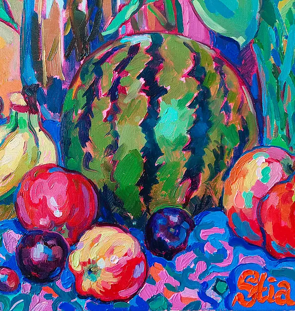 Anastasiia Kurkova, Różowe Lato: Bzy, Tulipany i Arbuz, Obraz olejny - płótno, 60 x 80