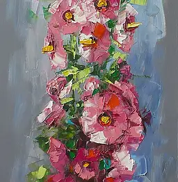 Dorota Łaz, Розовые мальвы, Масляная картина - холст, 40 x 120